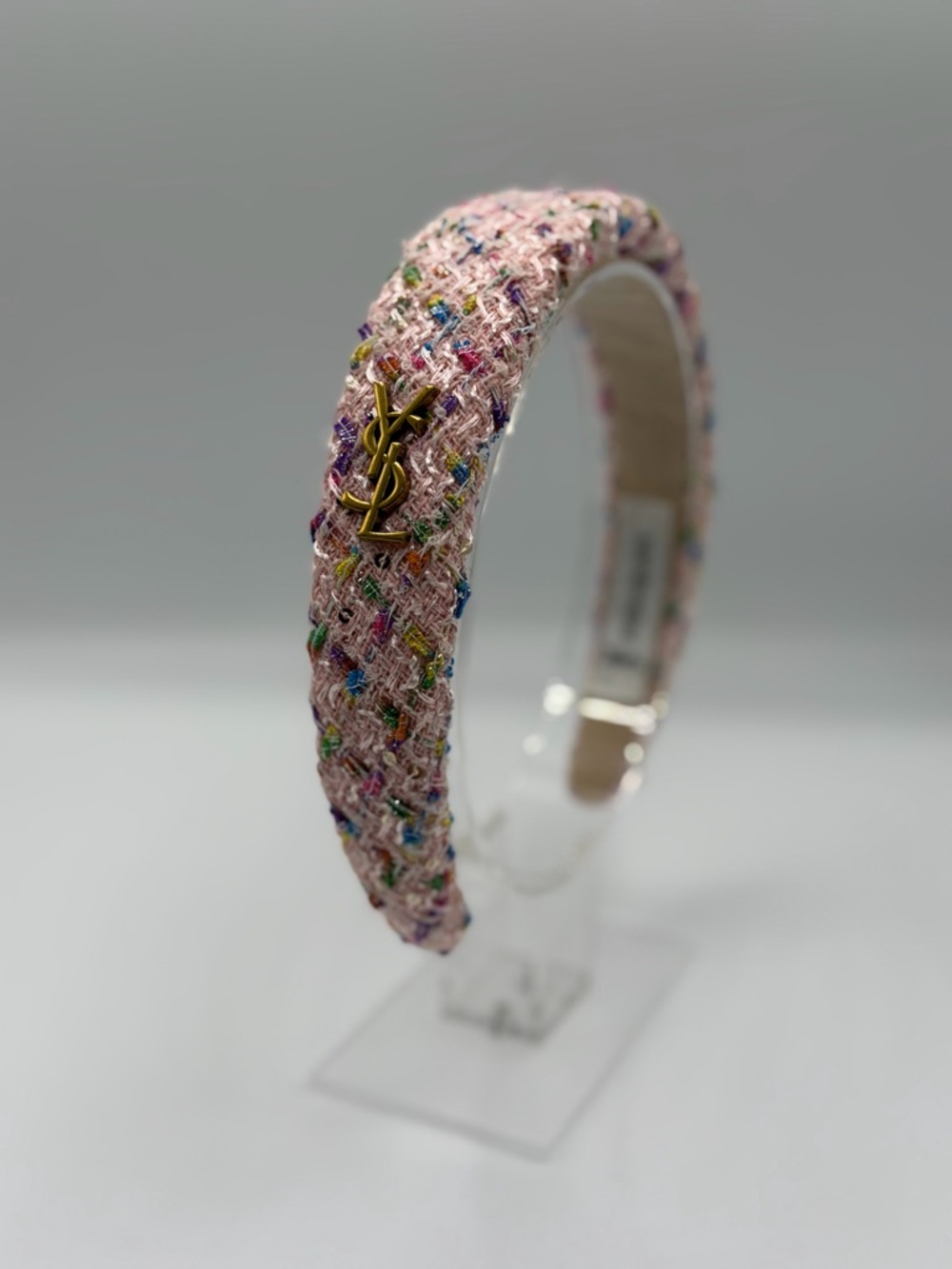 Yves Saint Laurent Pink Tweed Headband with Gold YSL Emblem